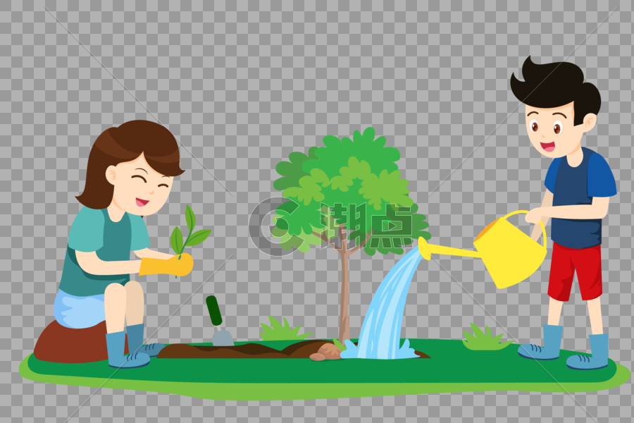 创意手绘植树浇树的孩子们图片素材免费下载