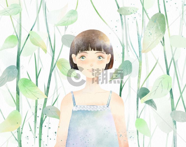 小清新短发少女站立于植物丛水彩手绘插画图片素材免费下载