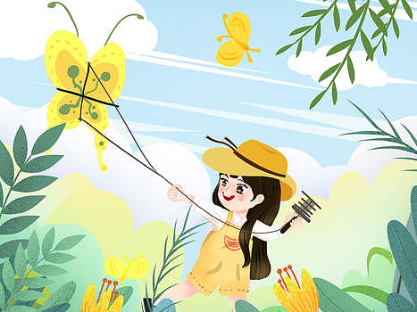 嫩绿色小清新风格春天儿童在草地放风筝图片素材免费下载