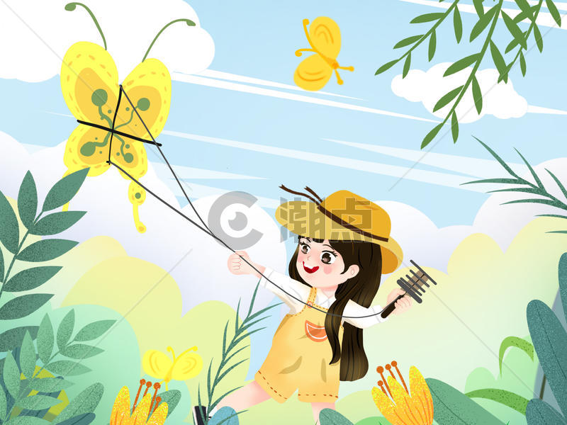嫩绿色小清新风格春天儿童在草地放风筝图片素材免费下载