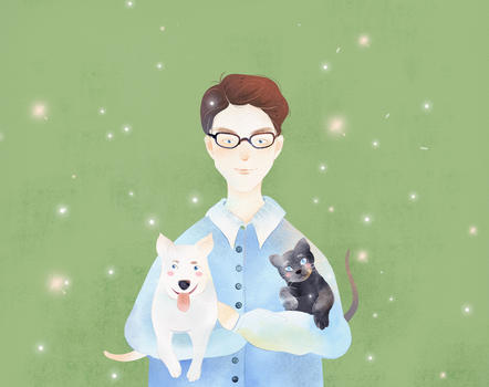 绿色背景小清新男子抱着猫狗手绘插画图片素材免费下载