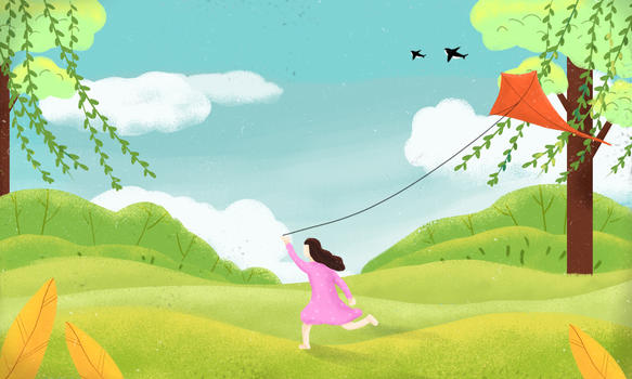 春天女孩放风筝插画图片素材免费下载