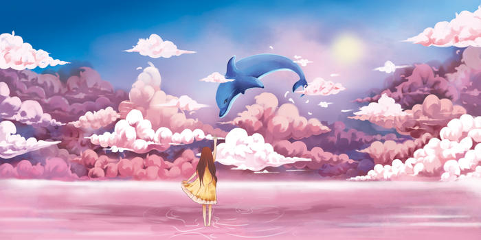 粉色天空下的海豚与少女图片素材免费下载