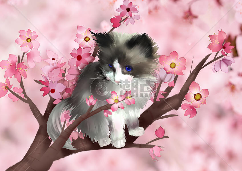 春天可爱动物猫咪手绘图片素材免费下载