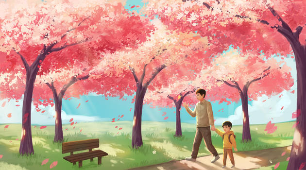 樱花树下漫步的父子图片素材免费下载