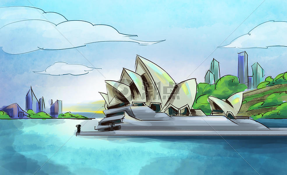 悉尼歌剧院简笔风景手绘图片素材免费下载