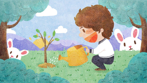 植树节男孩栽种小树苗插画图片素材免费下载