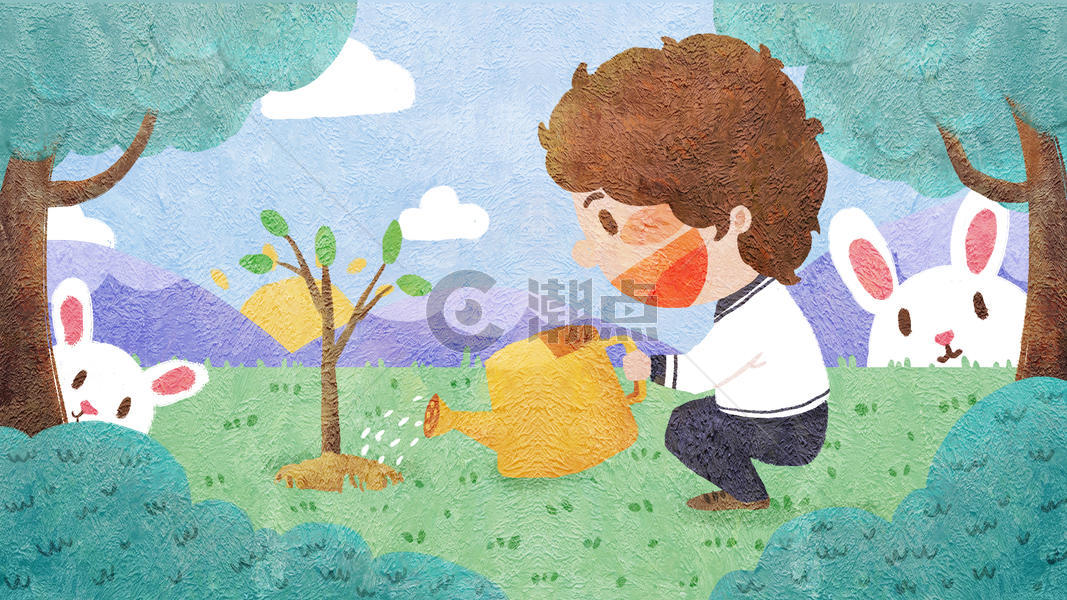 植树节男孩栽种小树苗插画图片素材免费下载