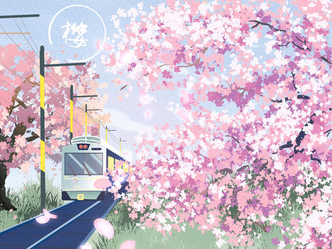 小清新风格电车樱花风景插画图片素材免费下载
