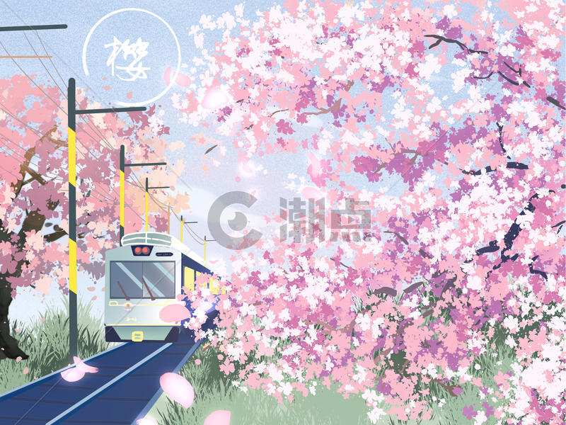 小清新风格电车樱花风景插画图片素材免费下载