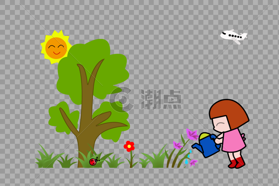 植树节卡通手绘小女孩浇水图片素材免费下载