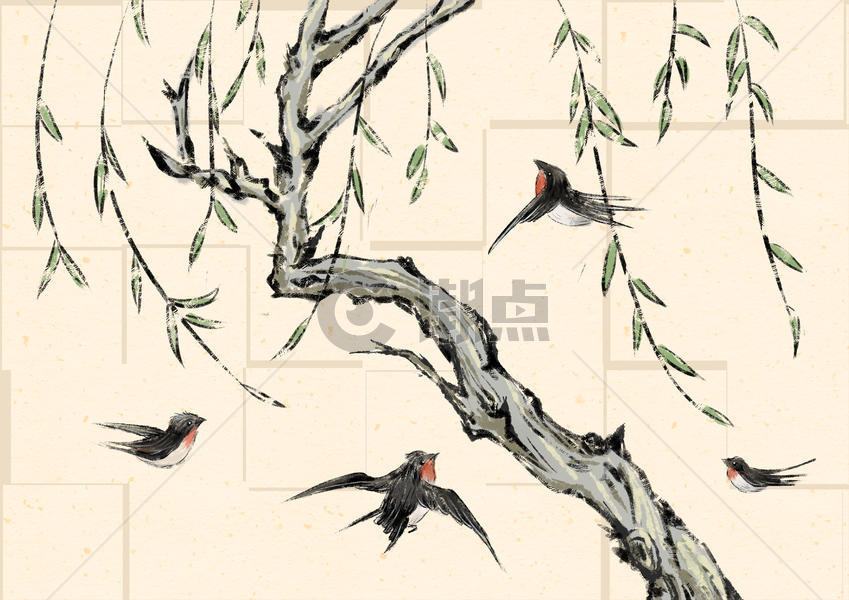 水墨春天的柳树和燕子图片素材免费下载