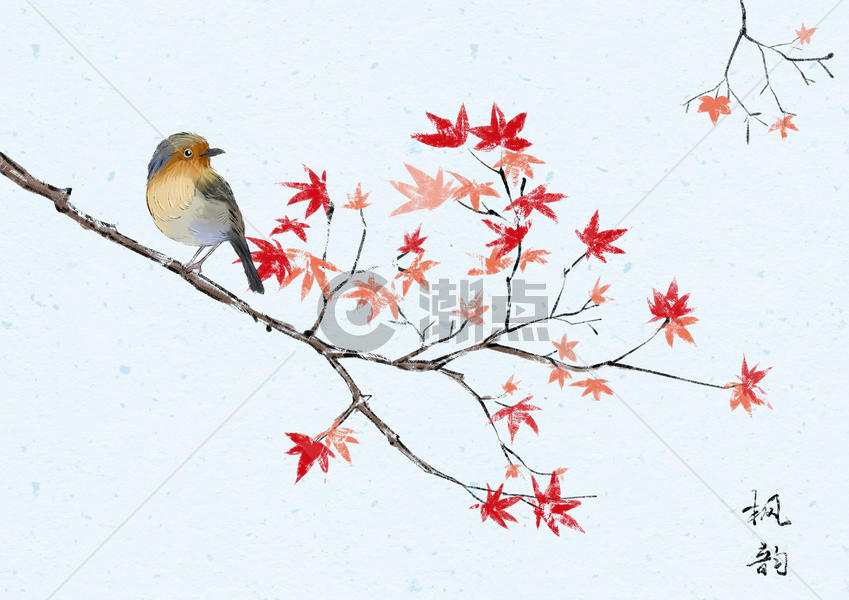 水墨的枫树和鸟图片素材免费下载