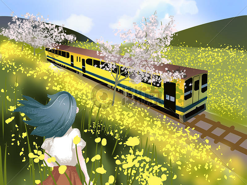 小清新风格春天旅行火车插画图片素材免费下载