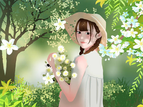 春天绿色小清新风格女孩抱着花束回眸图片素材免费下载