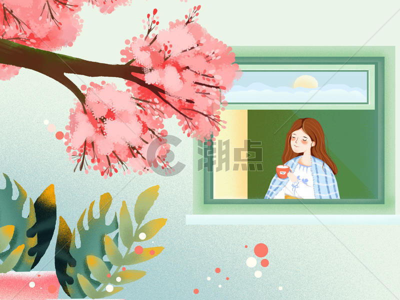小清新平面风格在自家窗台赏花的女孩图片素材免费下载