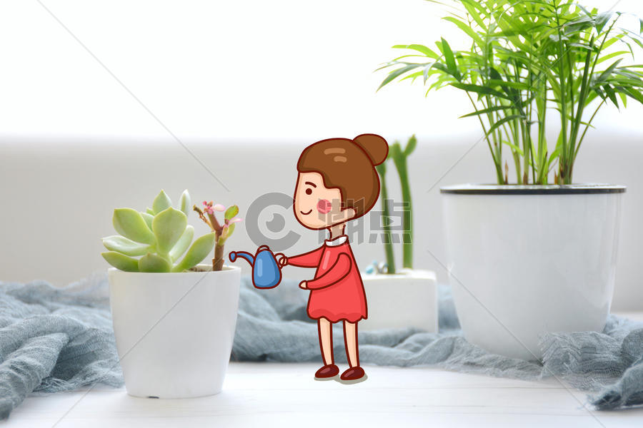 给盆栽浇水的女孩图片素材免费下载