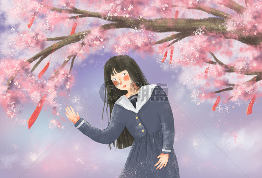 日系小清新樱花树下的制服少女图片素材免费下载