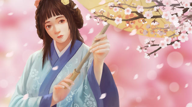 穿汉服赏樱花的中国古代女子图片素材免费下载