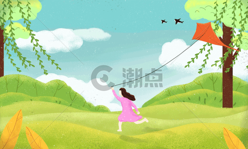 春天女孩放风筝插画图片素材免费下载