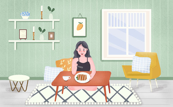 小清新居家吃饭生活插画图片素材免费下载