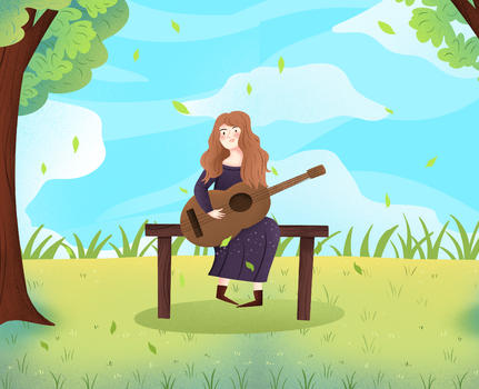 小清新手绘春天弹吉他图片素材免费下载
