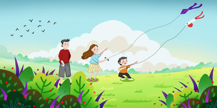 春天一家人郊外放风筝图片素材免费下载