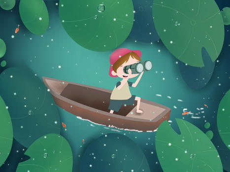 深绿色平面插画春天在湖里漂流的少年图片素材免费下载