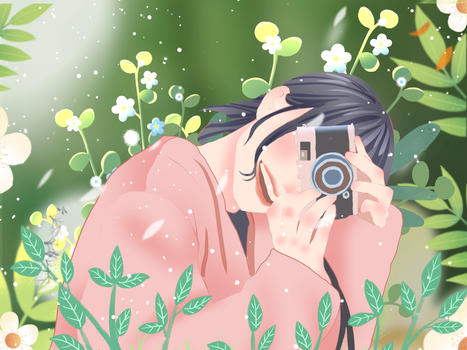 小清新风格春天在花丛拍照的女孩图片素材免费下载