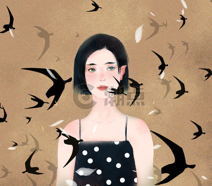 中式小清新女子飞鸟插画图片素材免费下载