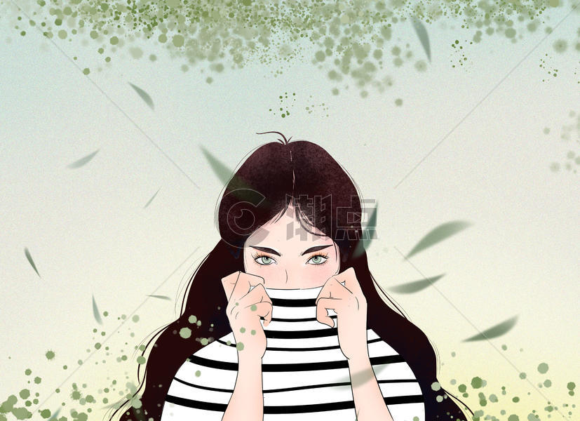 绿色中式小清新可爱条纹衣服女孩插画图片素材免费下载