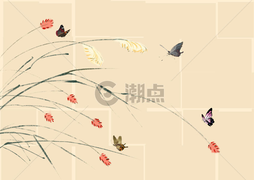 水墨野外的野花蝴蝶图片素材免费下载
