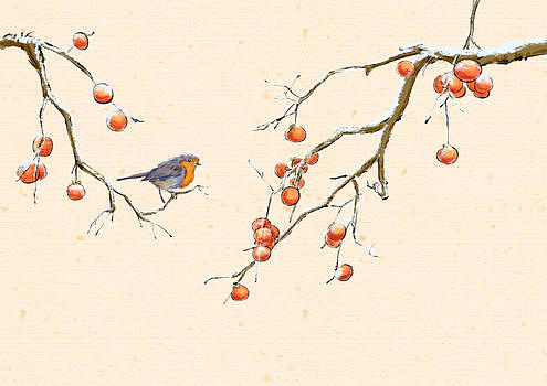水墨冬天的柿子鸟图片素材免费下载