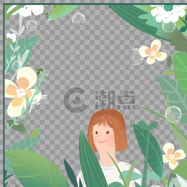 女孩置身花丛中创意边框图片素材免费下载