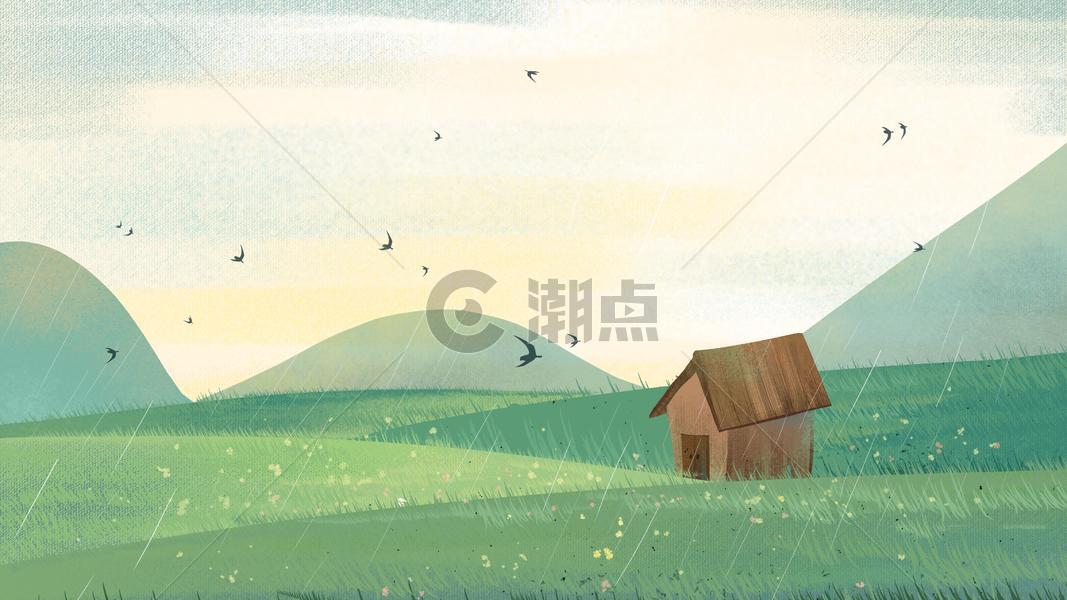 绿色小清新房子草原春天下雨插画图片素材免费下载