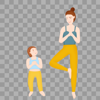 手绘母女做瑜伽人物形象图片素材免费下载