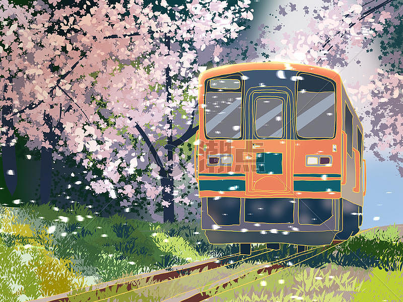 小清新风格插画樱花节樱花电车图片素材免费下载