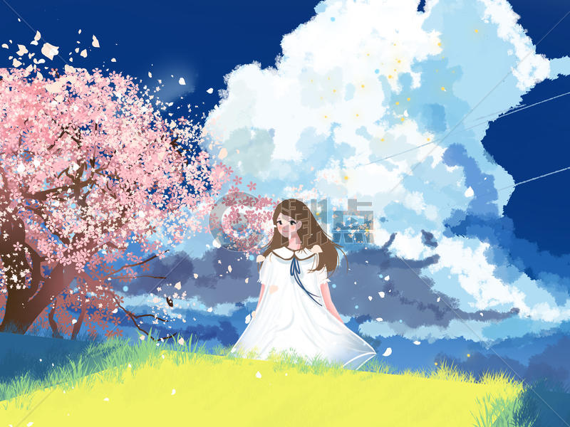 小清新风格日本樱花节欣赏樱花的女孩图片素材免费下载