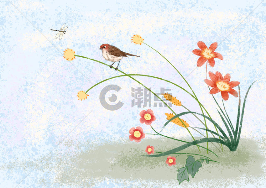 水墨的鸟和蜻蜓和花图片素材免费下载