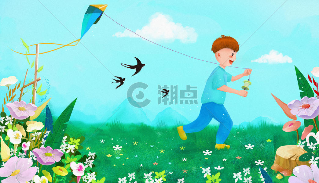 春天草地上放风筝的男孩图片素材免费下载
