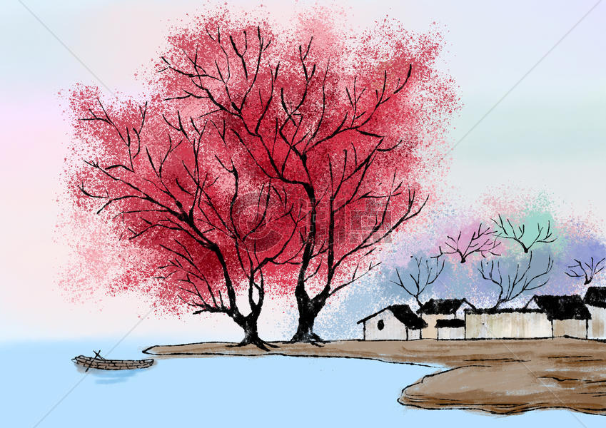 水墨水彩的村庄树木图片素材免费下载