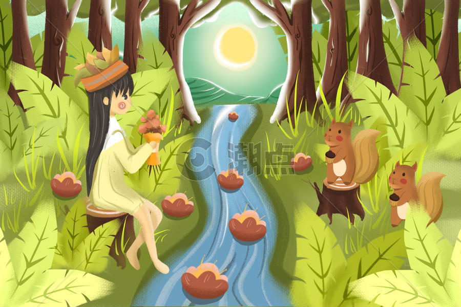 传统节气春分森林春姑娘可爱动物插画图片素材免费下载