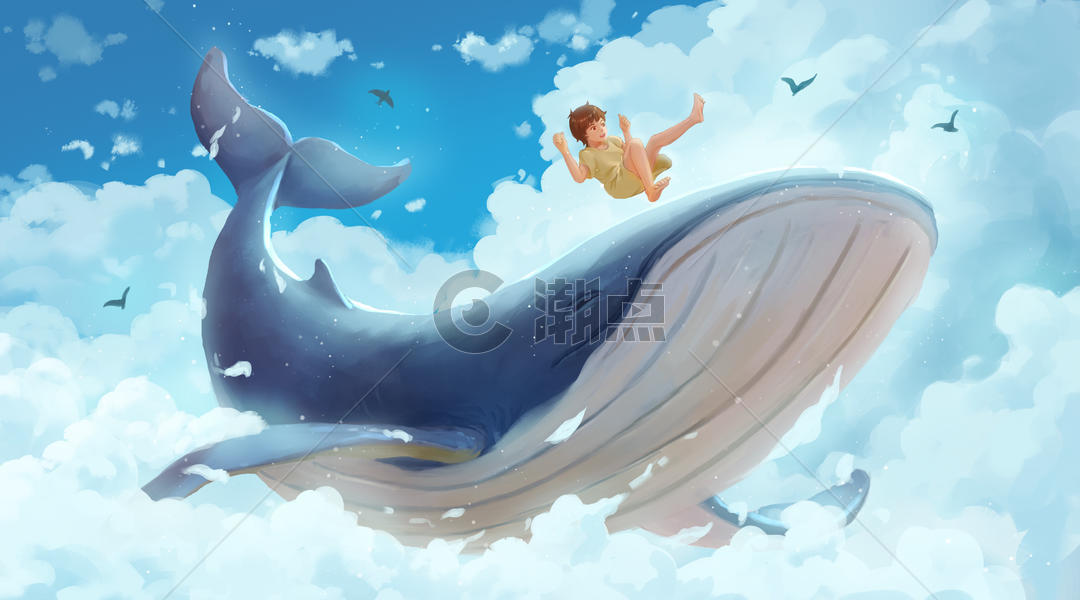 与鲸鱼在云层嬉戏的女孩图片素材免费下载