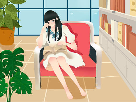小清新风格在书房沙发上看书的女孩图片素材免费下载