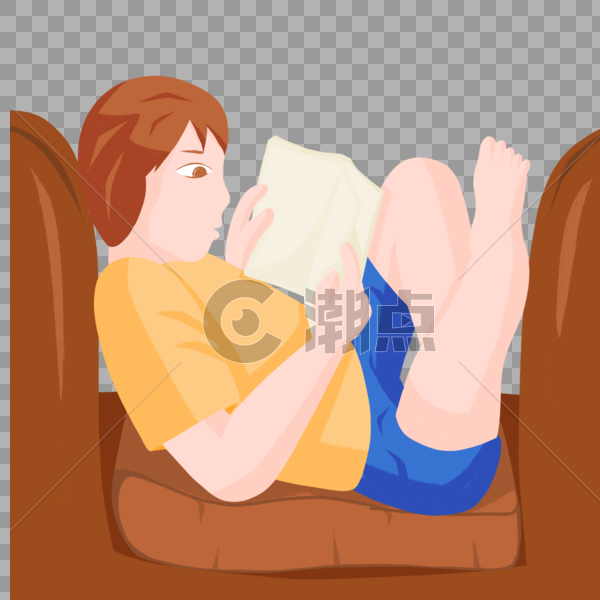 手绘儿童躺在沙发上读书人物形象图片素材免费下载