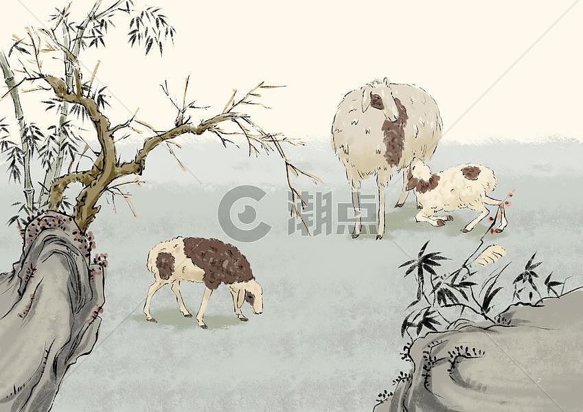 水墨野外的绵羊图片素材免费下载