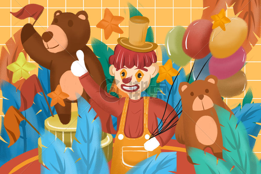 愚人节小丑熊玩偶卡通Q版插画图片素材免费下载