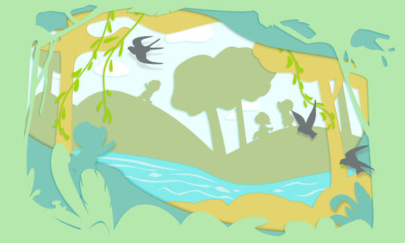 春天燕子奔跑的孩子春游剪纸图片素材免费下载