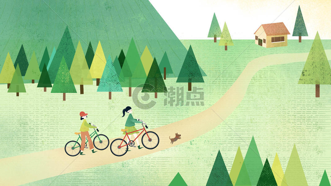 绿色小清新扁平风骑单车踏青春天插画图片素材免费下载