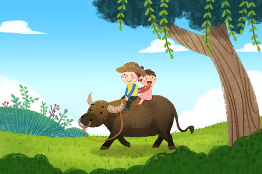 牧童黄牛插画图片素材免费下载